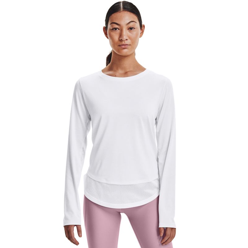 White women's Under Armour long sleeve top with mesh layer from O'Neills.