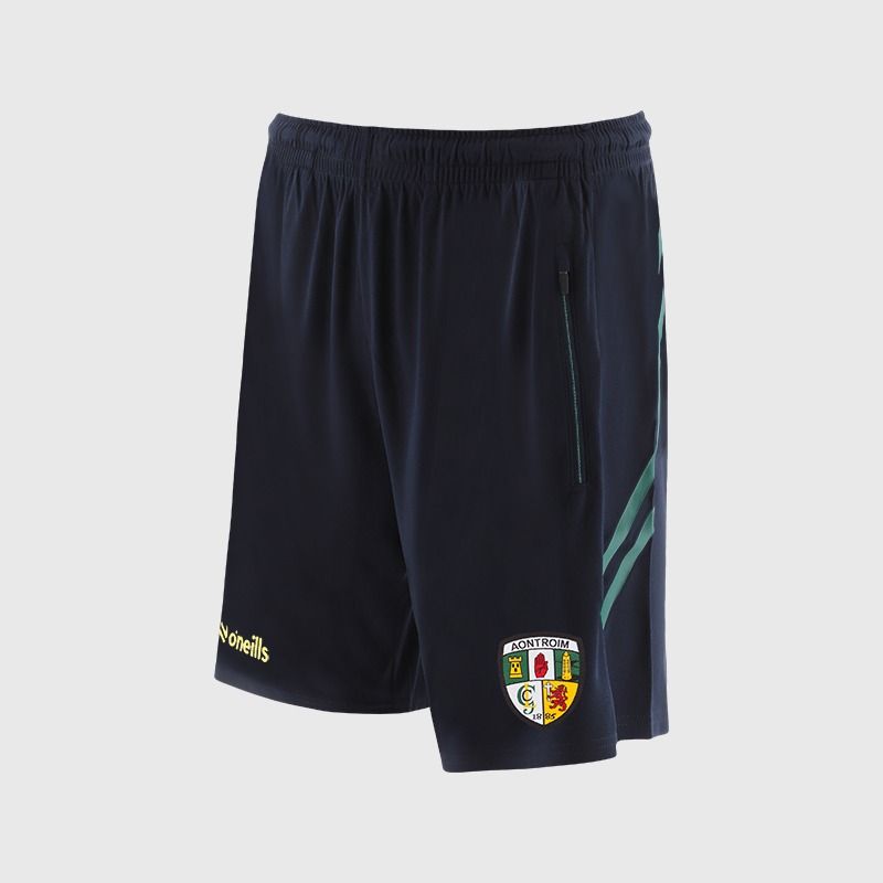 O’Neills Antrim GAA Sedona Shorts Navy / Green with official crest