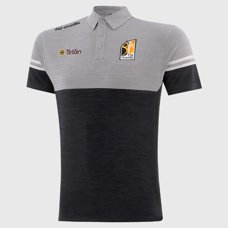 O’Neills Kilkenny GAA Sedona Polo Shirt Black/ Grey with official crest.
