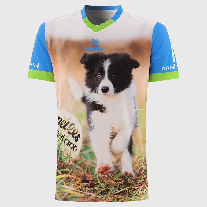 Blue Cóilí O’Neills ploughing jersey with image of cute puppy and O’Neills ball on the front.