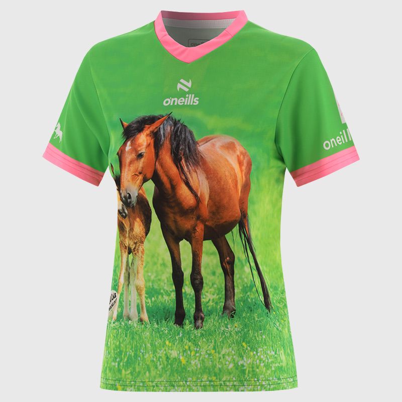 Women's Capall Beag O’Neills ploughing jersey with image of a small foal and brown horse with O’Neills ball on the front.