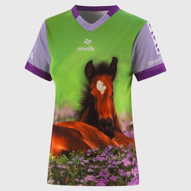 Women's Grazy Days O’Neills ploughing jersey with image of adorable brown foal in a meadow & O’Neills football.