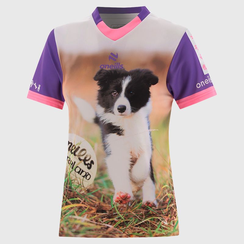 Purple  Kids’ Cóilí O’Neills ploughing jersey with image of cute puppy and O’Neills ball on the front.