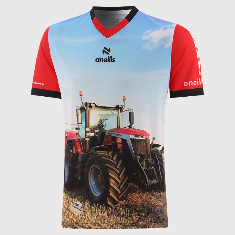 Men's Land Mass O’Neills ploughing jersey with an image of a red tractor  & O’Neills football on the front.