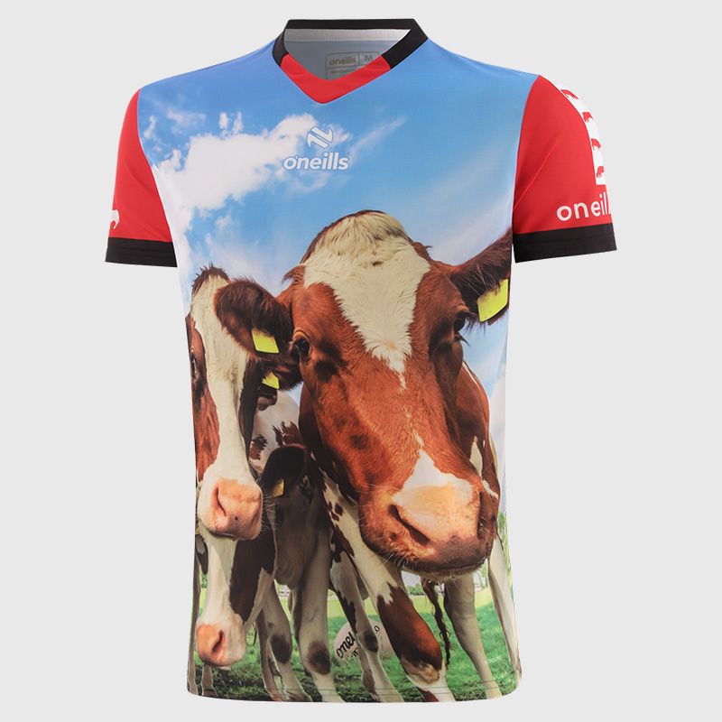 Mooove Over O’Neills ploughing jersey with an image of Brown and white cows & O’Neills football on front and back
