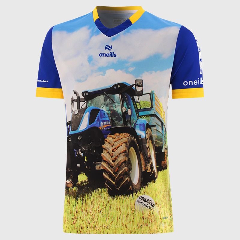 Better in Blue O’Neills ploughing jersey with image of a large blue tractor and O’Neills ball on the front.