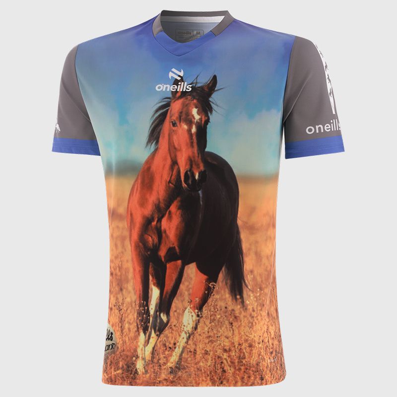 Hay-zy Days O’Neills ploughing jersey with image of a brown horse and O’Neills ball on the front.