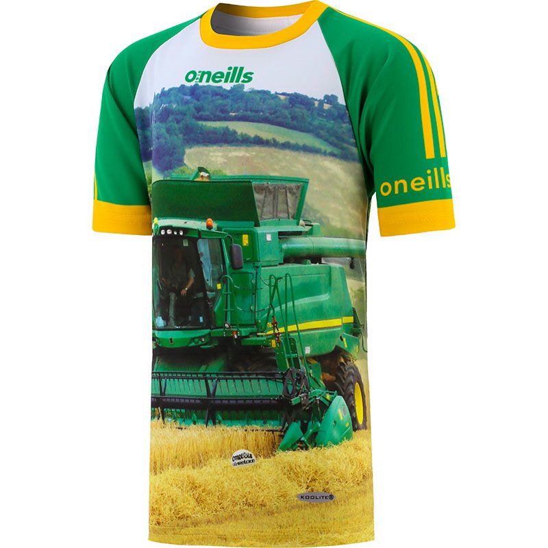 Green and Yellow Men's O’Neills ploughing jersey with an image of a green combine harvester on the front and “Green Roots” printed on the back.