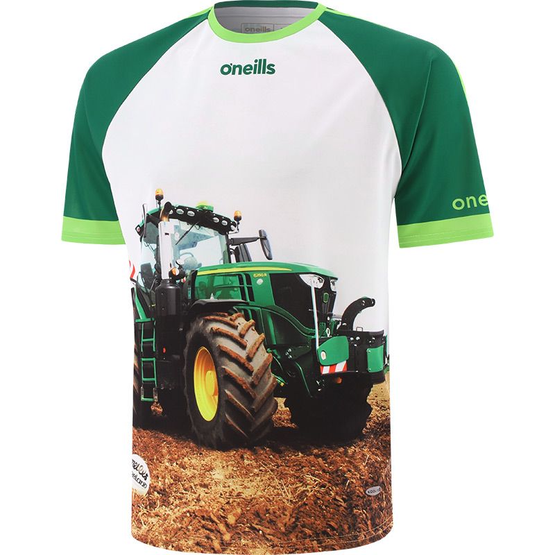 Green Men’s Dream Green O’Neills ploughing jersey with image of a green tractor and O’Neills ball on the front.