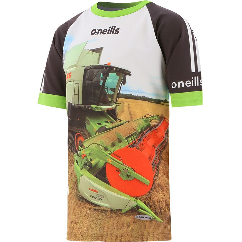 Black and Green Men's O’Neills ploughing jersey with an image of a combine harvester on the front and “Top Claas” printed on the back.