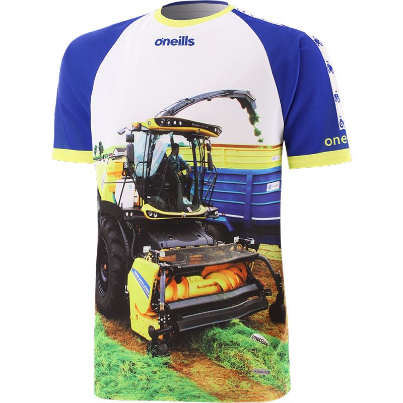 Blue Men’s Top of the Crop O’Neills ploughing jersey with image of a harvester on the front.