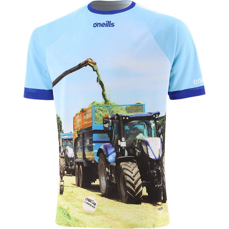 Blue Men's Two's Company O’Neills ploughing jersey with image of 2 tractors and O’Neills ball on the front.