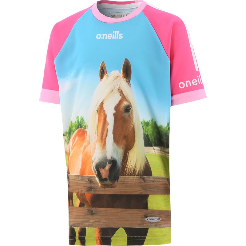 Pink Kids' O'Neills ploughing jersey with an image of a horse on the front and 'Who's Horse is That??' printed on the back.