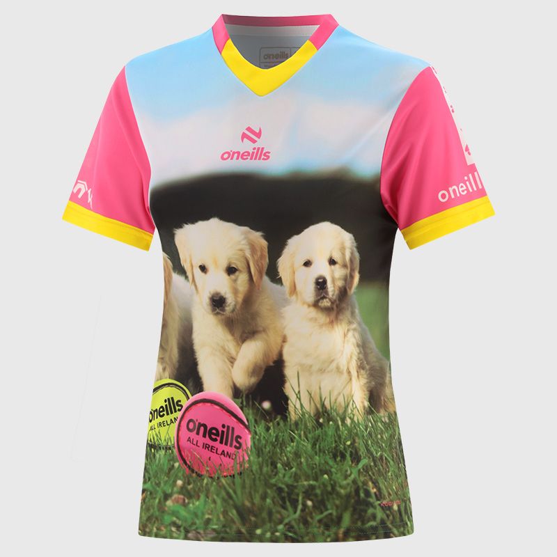 Pink Women's Pup Fada O’Neills ploughing jersey with image of puppies and O’Neills Sliotars.