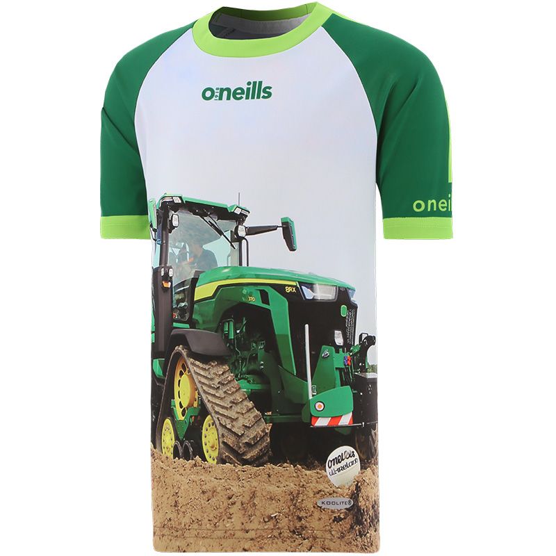 Green and White Kids' Green With Envy O’Neills ploughing jersey with image of a green tractor on the front and “Green With Envy” printed on the back.