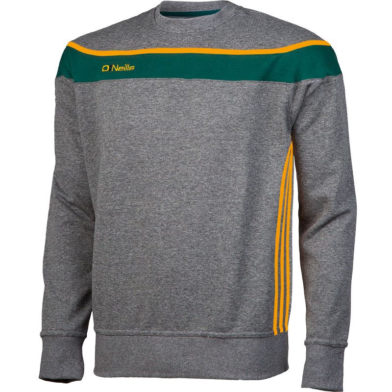 Grey Men's Slaney crew neck sweatshirt with a green panel and yellow stripes from O'Neills