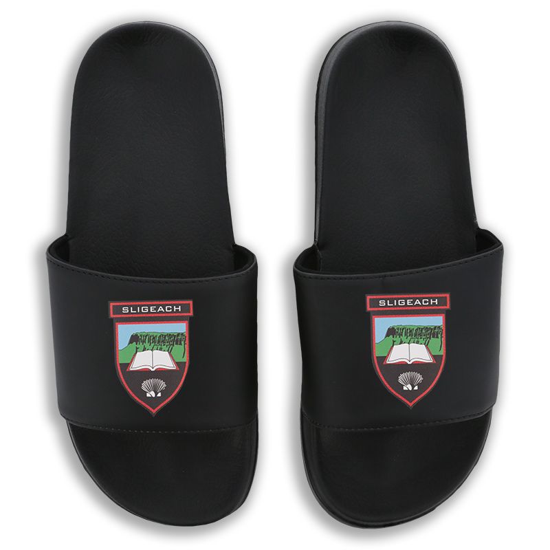 Black Sligo GAA Zora pool sliders with Sligo GAA crest on the front by O’Neills.