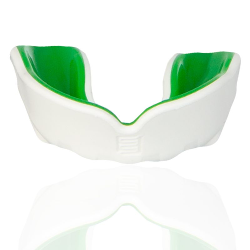 white and green Makura mouthguard with a shokbloker outer from O'Neills