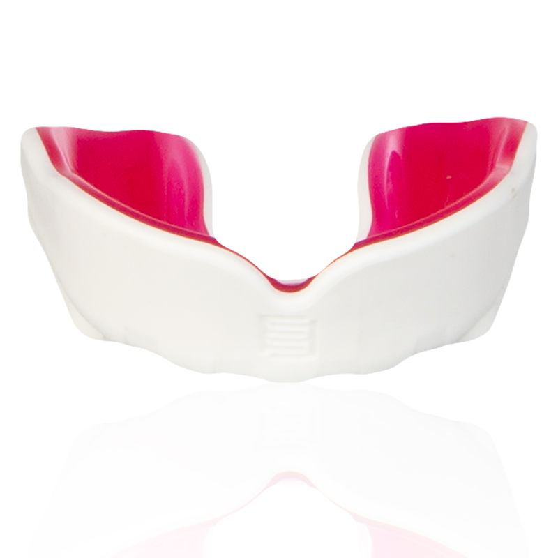 white and pink Makura mouthguard with a shokbloker outer from O'Neills