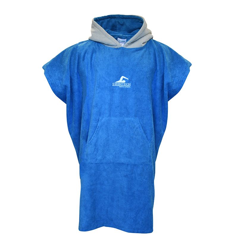 navy and blue SwimTech microfibre poncho with a kangaroo front pocket from O'Neills