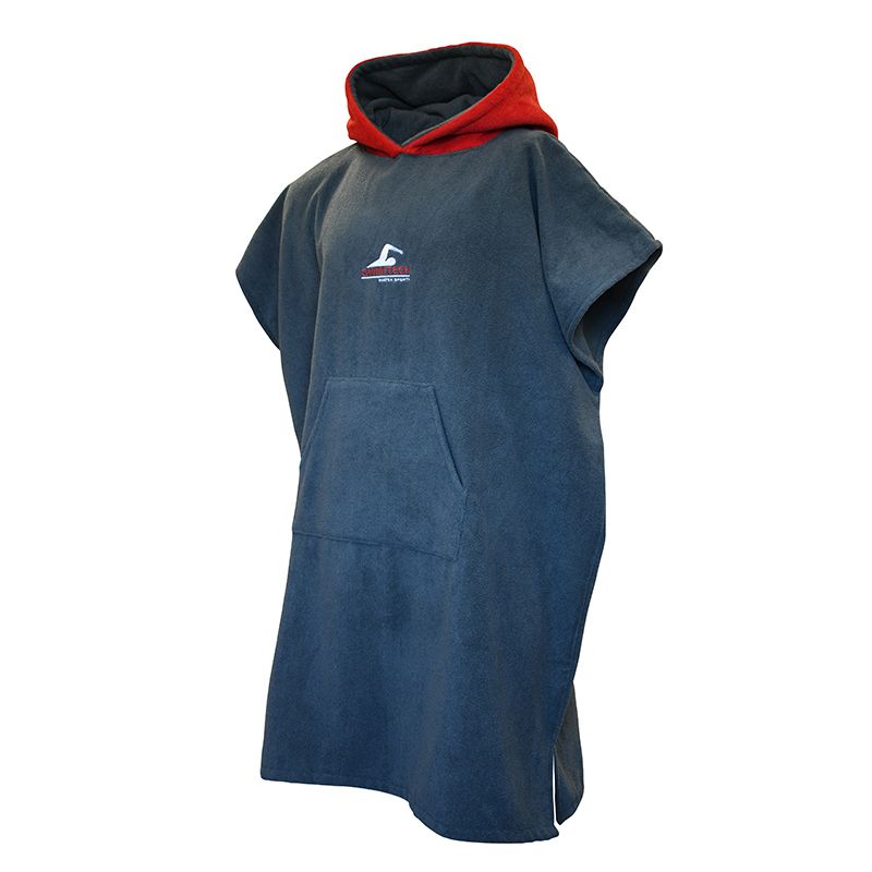 grey and red SwimTech kids' microfibre poncho with a kangaroo front pocket from O'Neills