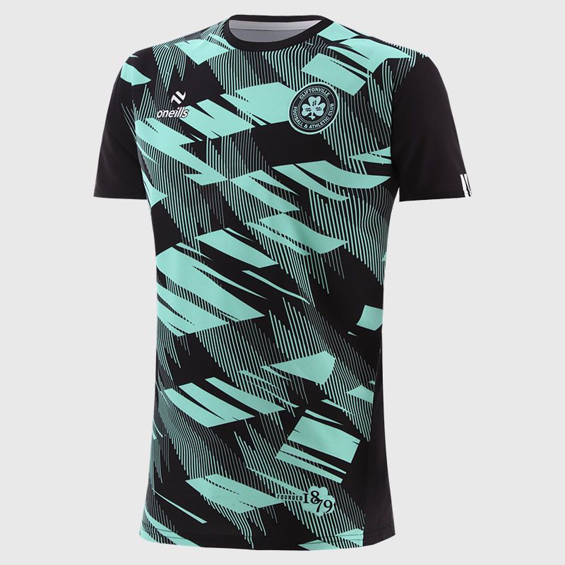 Black and mint Men's Cliftonville FC T-Shirt with Cliftonville FC crest and by O’Neills. 