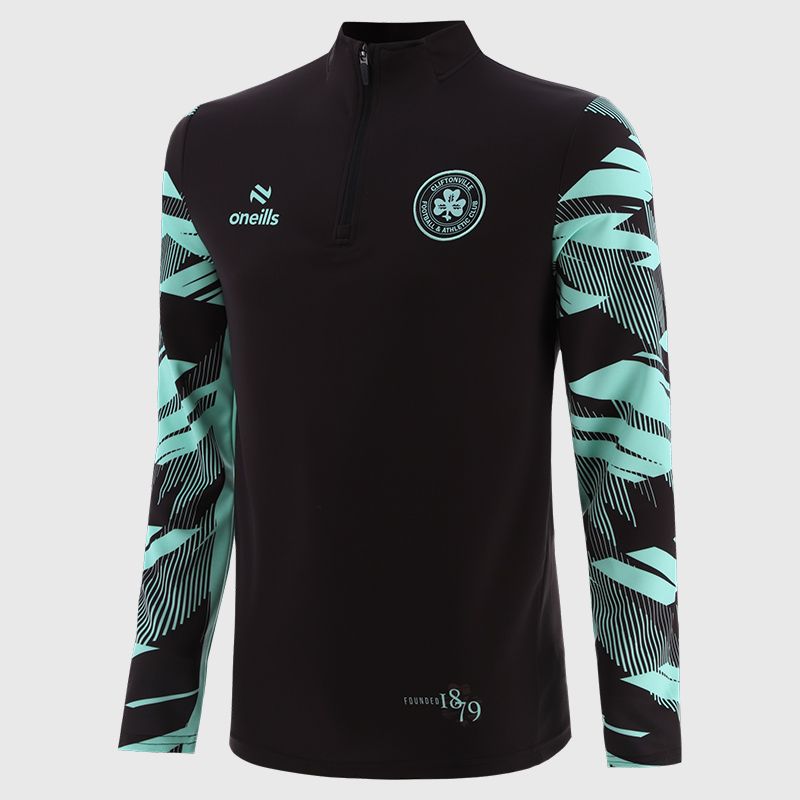 Men's Black and mint Cliftonville FC Half Zip Top by O’Neills. 