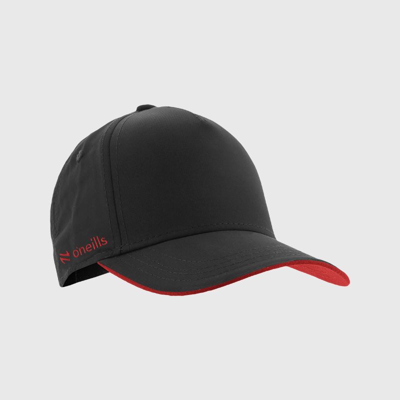 Black kids’ baseball cap with protective peak and Red O’Neills embroidered logo on the side.
