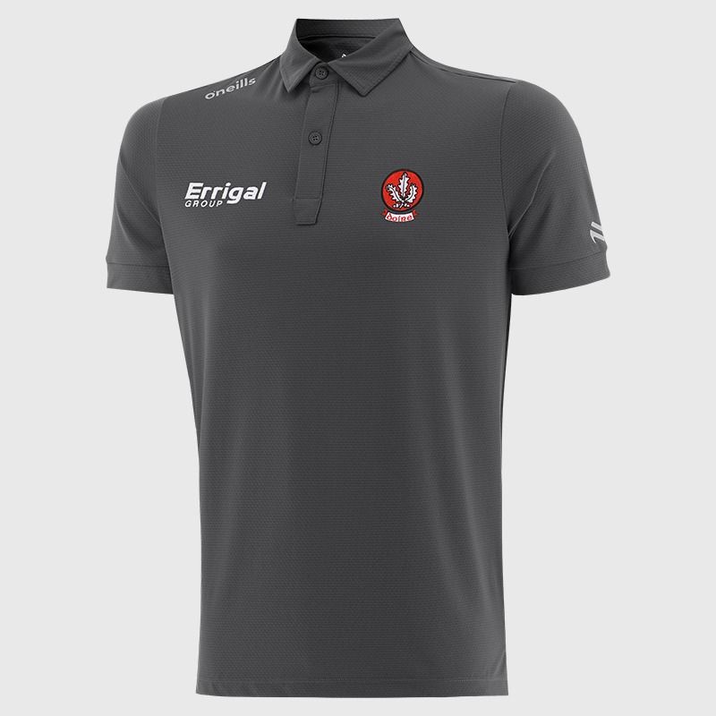 Dark Grey O’Neills Derry GAA Men’s Surge Soft Touch Polo Shirt with a classic collar and button placket