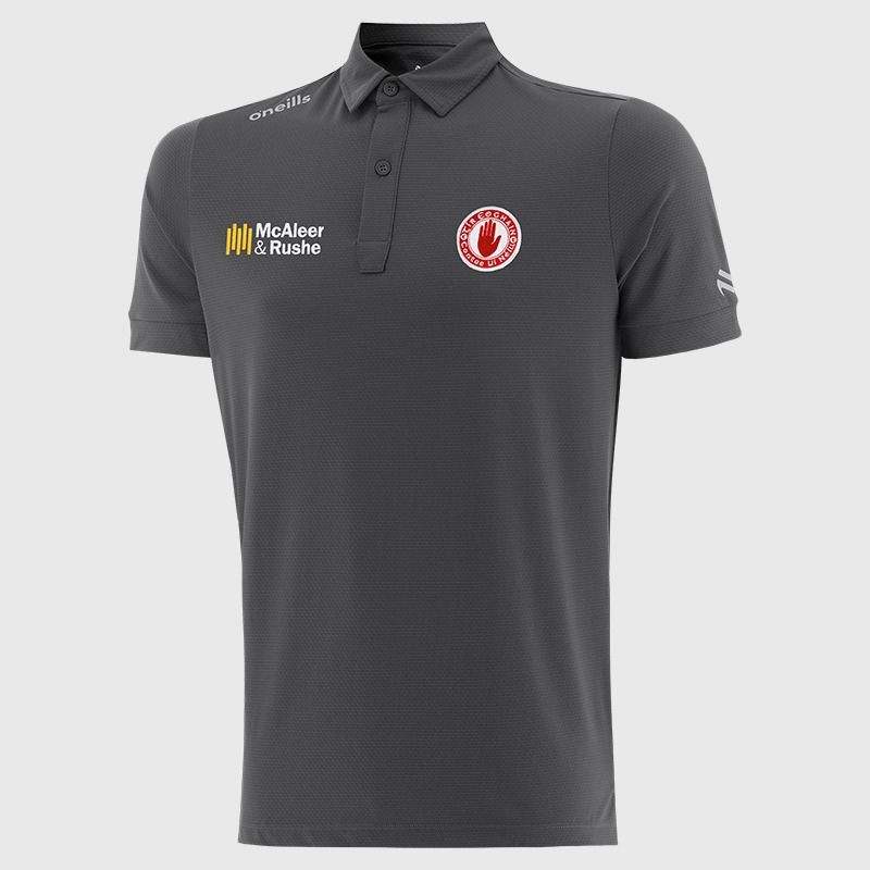 Dark Grey O’Neills Tyrone GAA Men’s Surge Soft Touch Polo Shirt with a classic collar and button placket