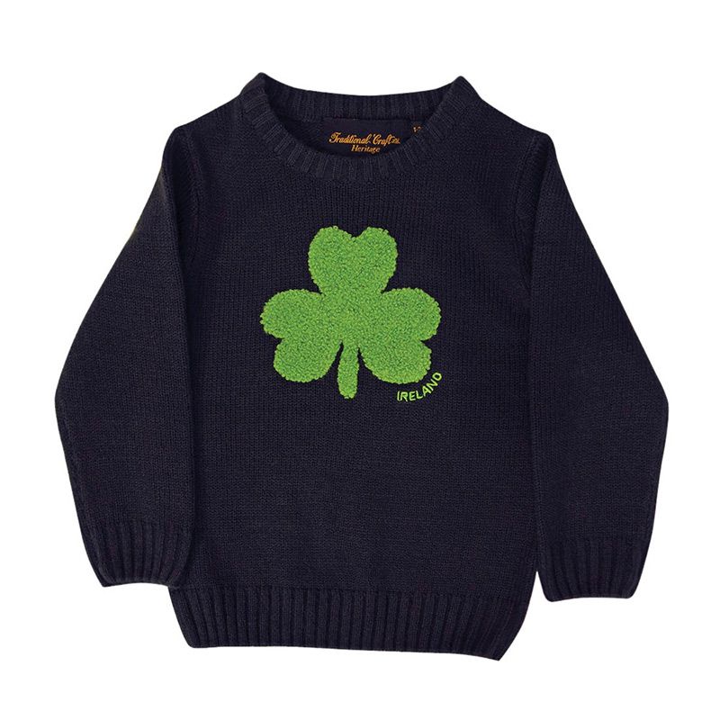 black Kids' Trad Craft jumper featuring an embroidered emerald shamrock from O'Neills