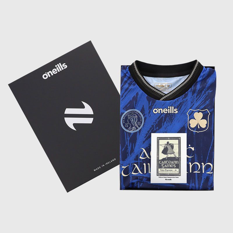 Tailteann Games Jersey Royal with embroidered shamrock crest and knitted collar by O’Neills.