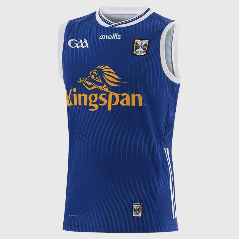 Blue O’Neills Cavan GAA Home Vest 2025 with ribbed crewneck by O’Neills.