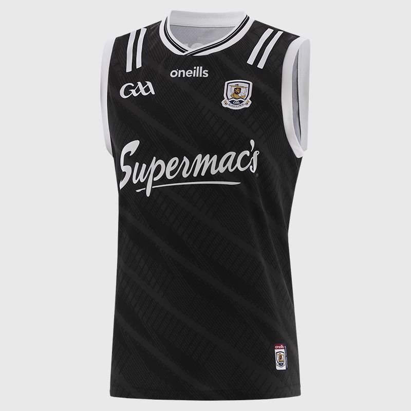 Black Galway GAA Goalkeeper Vest 2025 with ribbed crewneck by O’Neills.