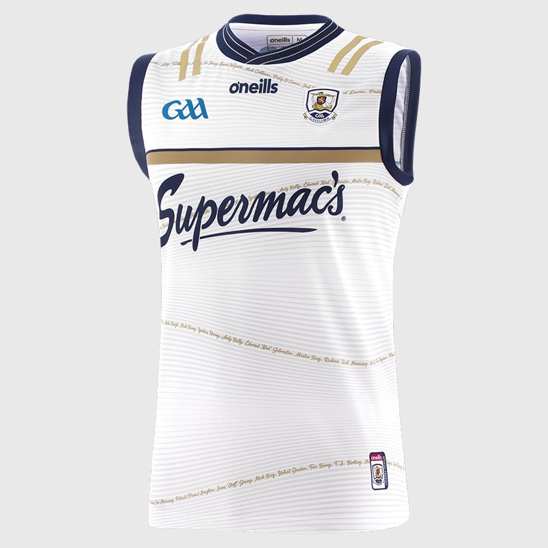 White Galway GAA Commemoration Goalkeeper Vest 2024 with ribbed crewneck by O’Neills.