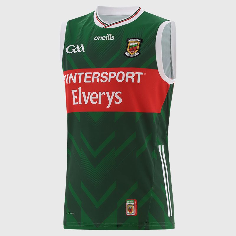 Green Mayo GAA Home Vest 2025 with ribbed crewneck by O’Neills.