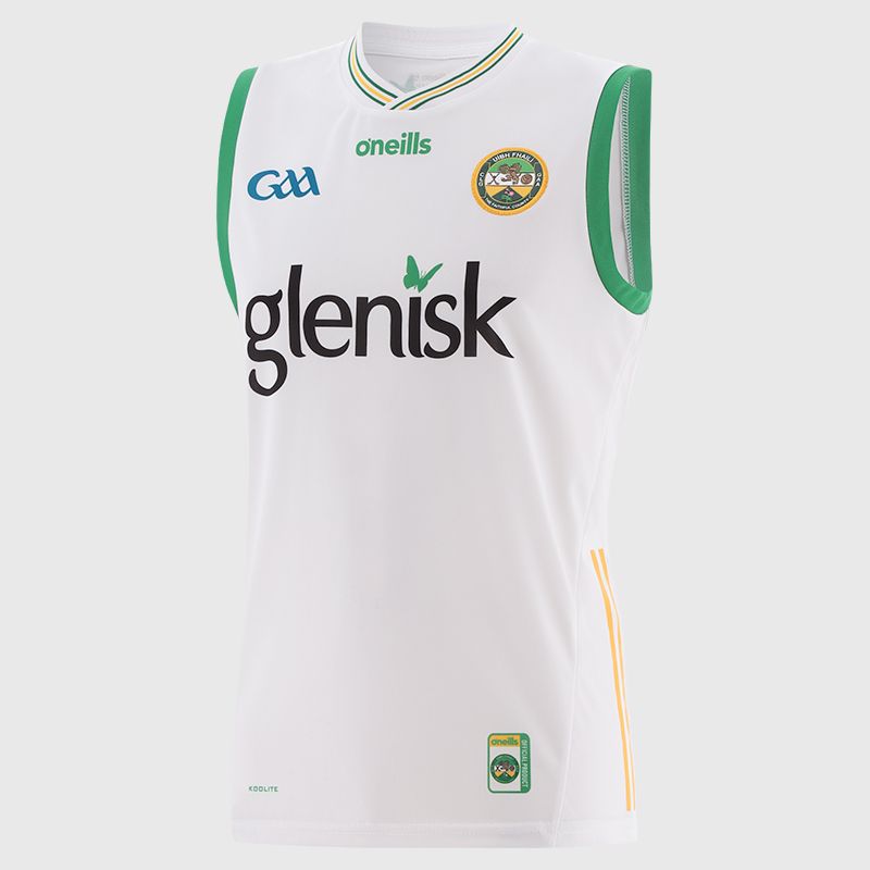 White Offaly GAA Men's Alternative Vest 2025 with ribbed crewneck by O’Neills.