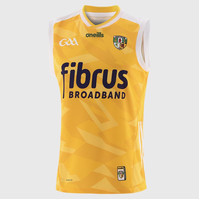 Amber Antrim GAA Men's Home Vest 2025 with ribbed crewneck by O’Neills.