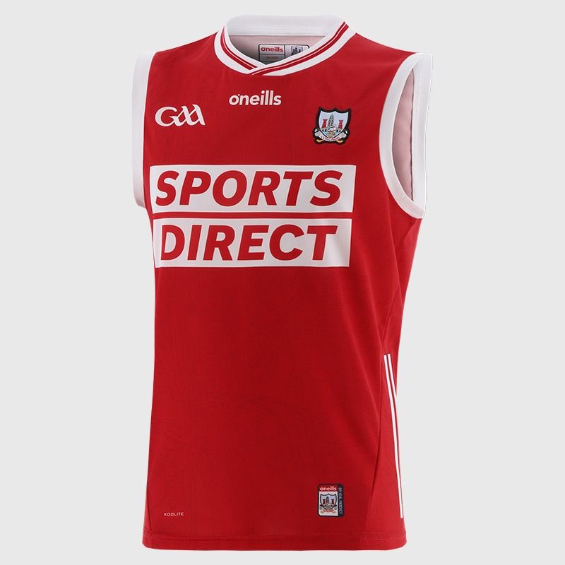 Red Cork GAA Home Vest 2025 with ribbed crewneck by O’Neills.