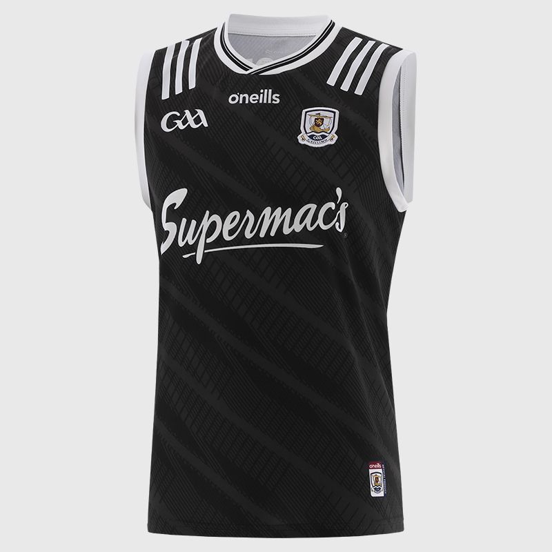Black Galway GAA Goalkeeper Vest 2025 with ribbed crewneck by O’Neills.