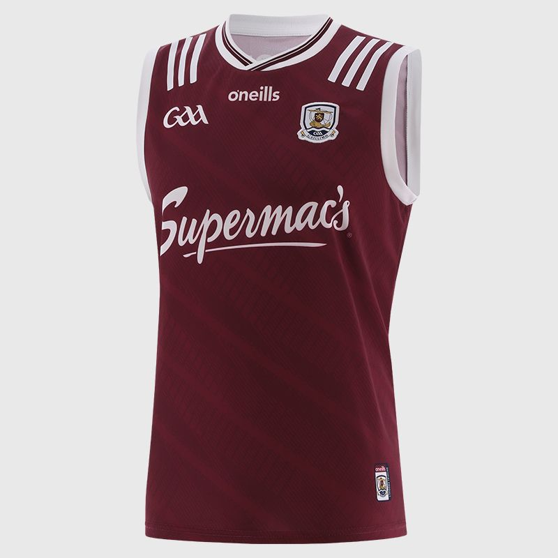 Maroon Galway GAA Men's Stripe Home Vest 2025 with ribbed crewneck by O’Neills