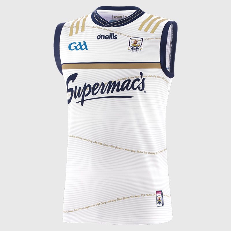 White Galway GAA Commemoration Goalkeeper Vest 2024 with ribbed crewneck by O’Neills.