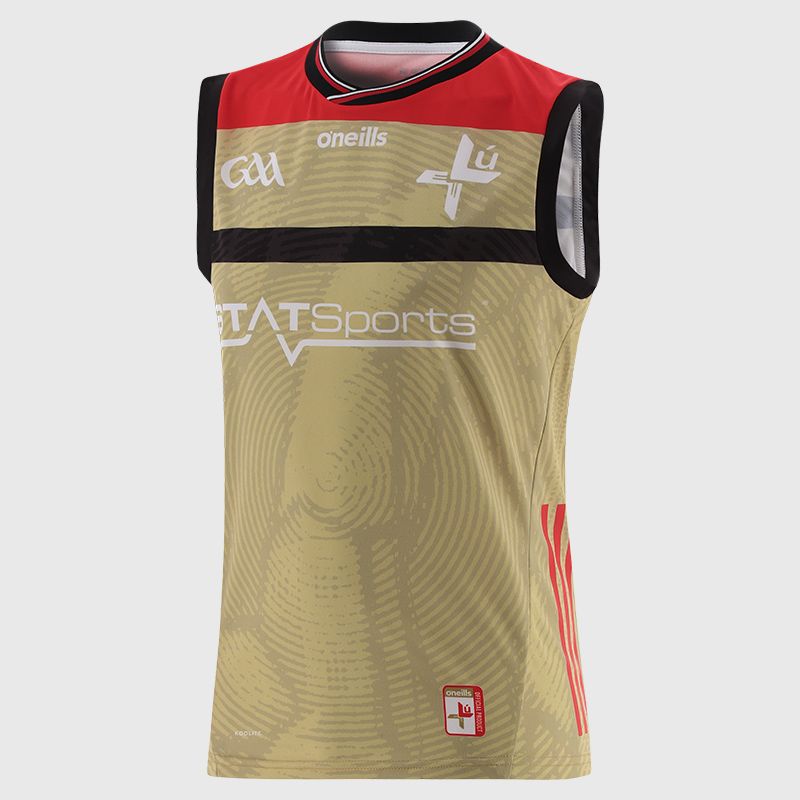Gold O'Neills Louth GAA Male Alternative Goalkeeper Vest 2025 with ribbed crewneck by O’Neills.