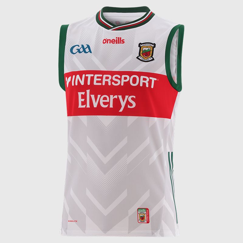 White Mayo GAA Goalkeeper Vest 2025 with ribbed crewneck by O’Neills.