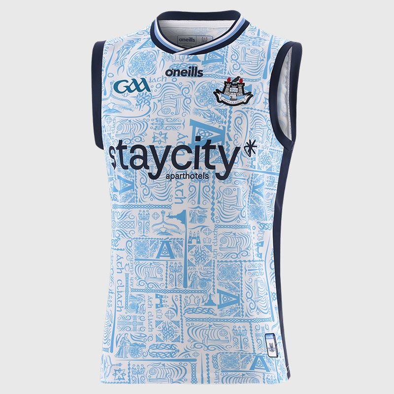 White Dublin GAA Alternative Vest 2025 with ribbed crewneck by O’Neills.