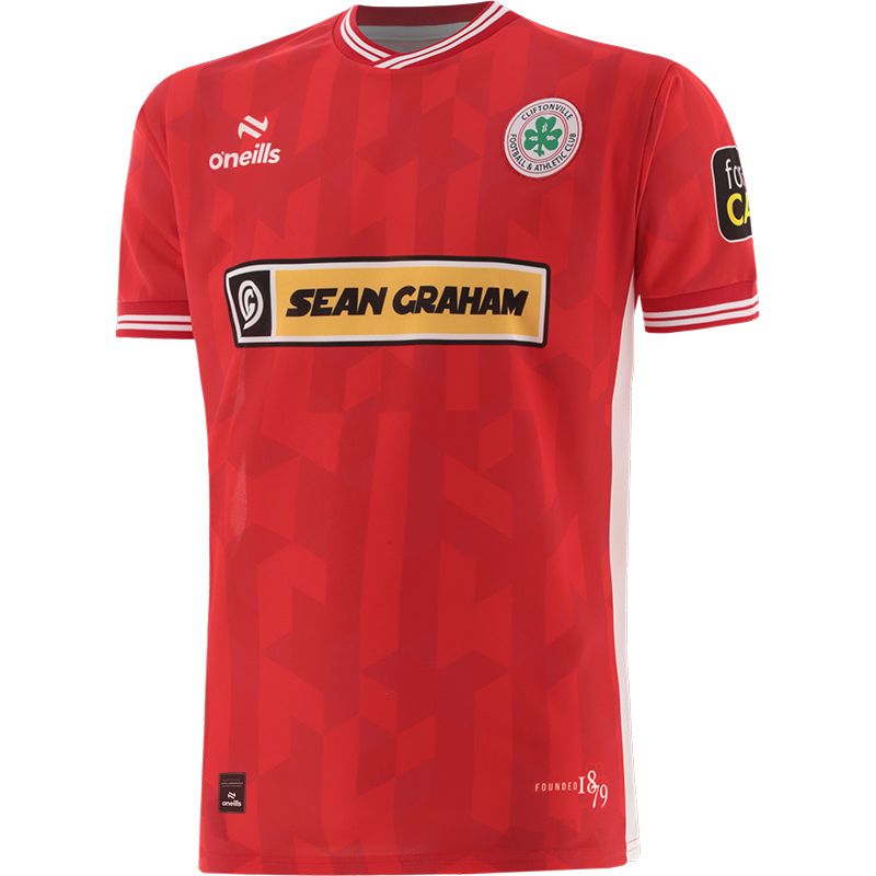 Red and White Cliftonville FC Home Mini Kit 2024 with v-neck collar and Sean Graham sponsor logo by O’Neills. 
