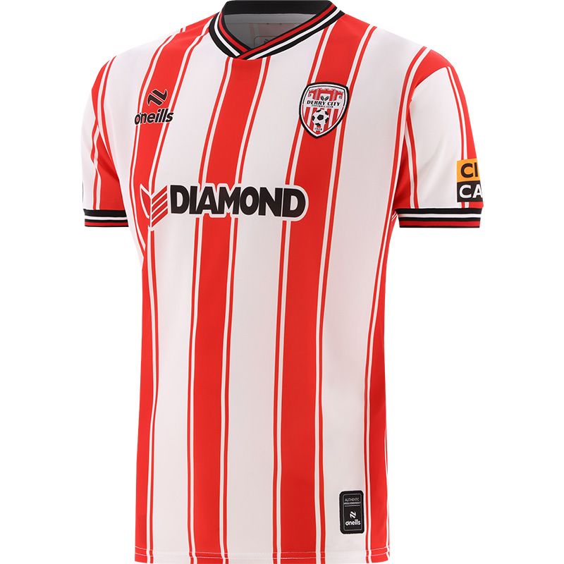 Red and White Derry City FC Home Elite Jersey 2024 with ribbed collar and cuffs by O’Neills.