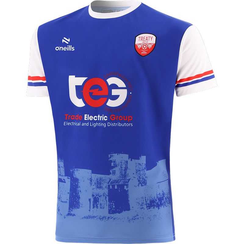 Royal Blue Mens' Treaty United FC Home Jersey 2024 with King John’s Castle image by O’Neills. 