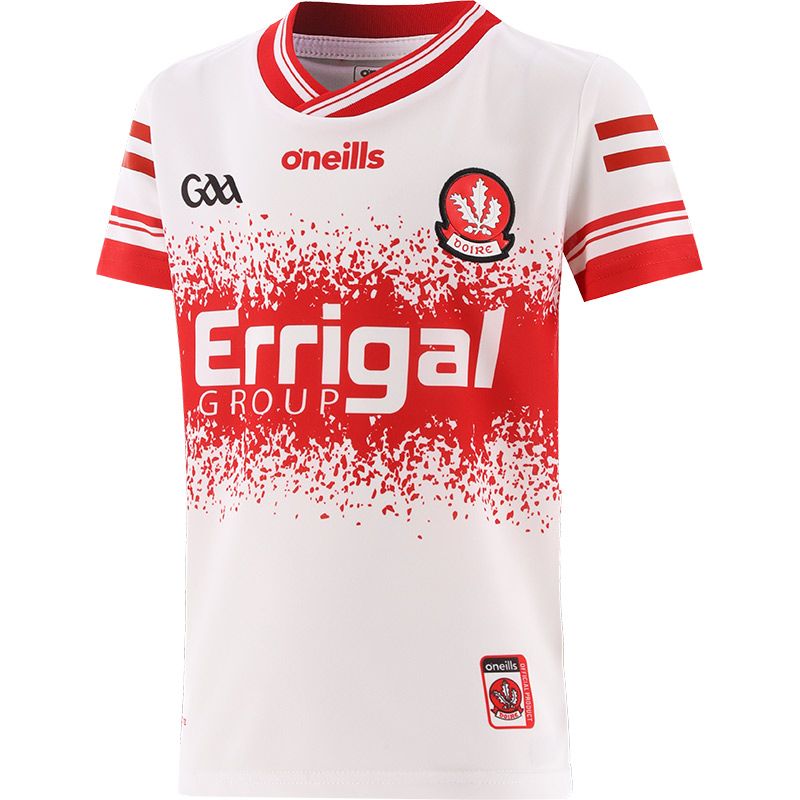 White Derry GAA Alternative Jersey 2024 with Errigal Group sponsor logo on the chest by O’Neills.