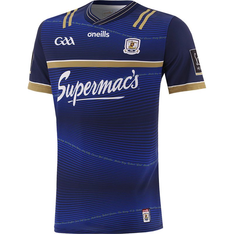 Blue and Gold Galway GAA Commemoration jersey with 1923/24 in gold on the back by O’Neills.